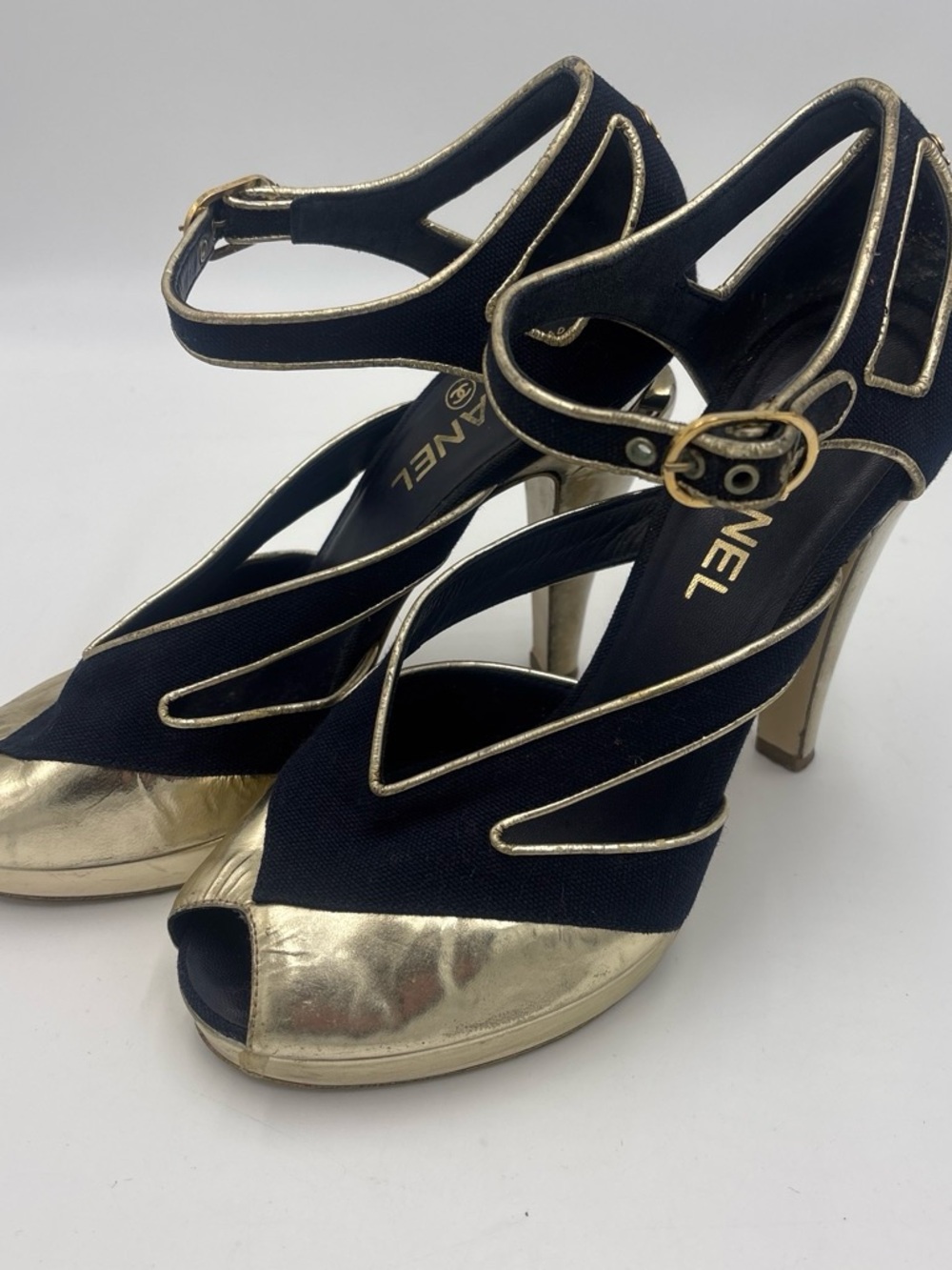 Chanel Blue & Gold Peep-Toe High Heel Sandals